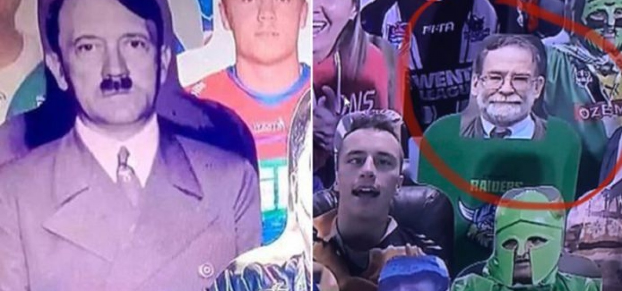 Kartonnen figuur seriemoordenaar bij rugbywedstrijd, zender ‘grapt’ met Hitler