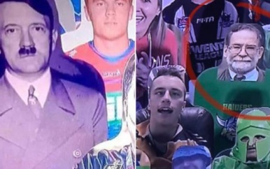Kartonnen figuur seriemoordenaar bij rugbywedstrijd, zender ‘grapt’ met Hitler