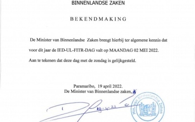 Eid- Al- Fitr vastgesteld op 2 mei 2022