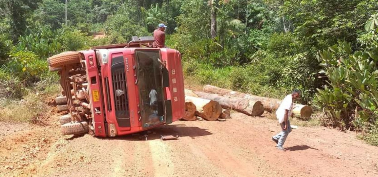 Truck met houtblokken gekanteld