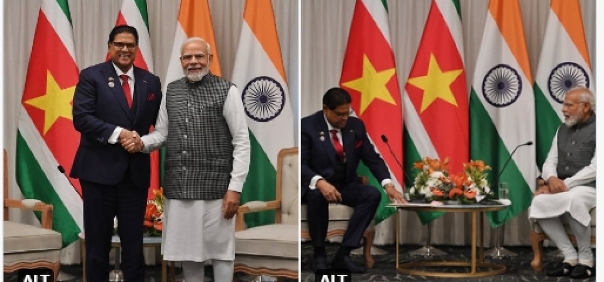 President Chandrikapersad Santokhi en premier Narendra Modi voeren bilateraal gesprek