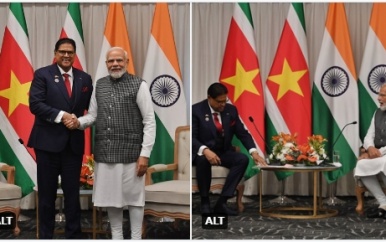 President Chandrikapersad Santokhi en premier Narendra Modi voeren bilateraal gesprek