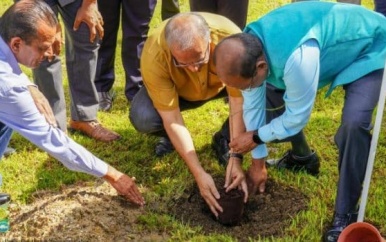 Minister Sewdien en Indiase ambassadeur planten kostbare Sandelhoutboom