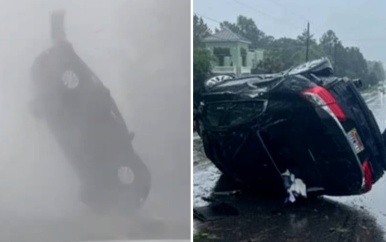 Tornado tilt auto van Amerikaanse snelweg