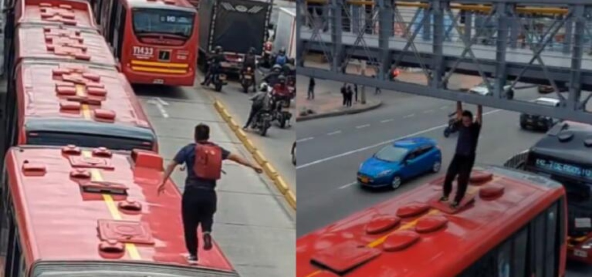 Man in Colombia imiteert videogame en springt van bus naar bus