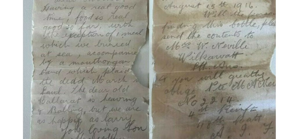 Australische familie vindt flessenpost uit Eerste Wereldoorlog