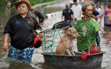 Ook met kniehoog water gaat de markt in Bangkok door